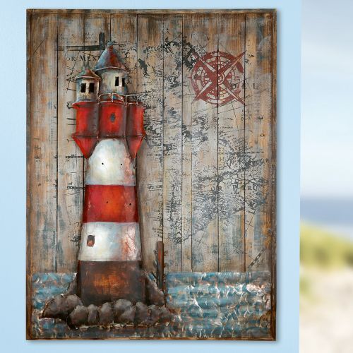 Leuchtturm 3-D Bild Holz / Metall 75 x 100 cm